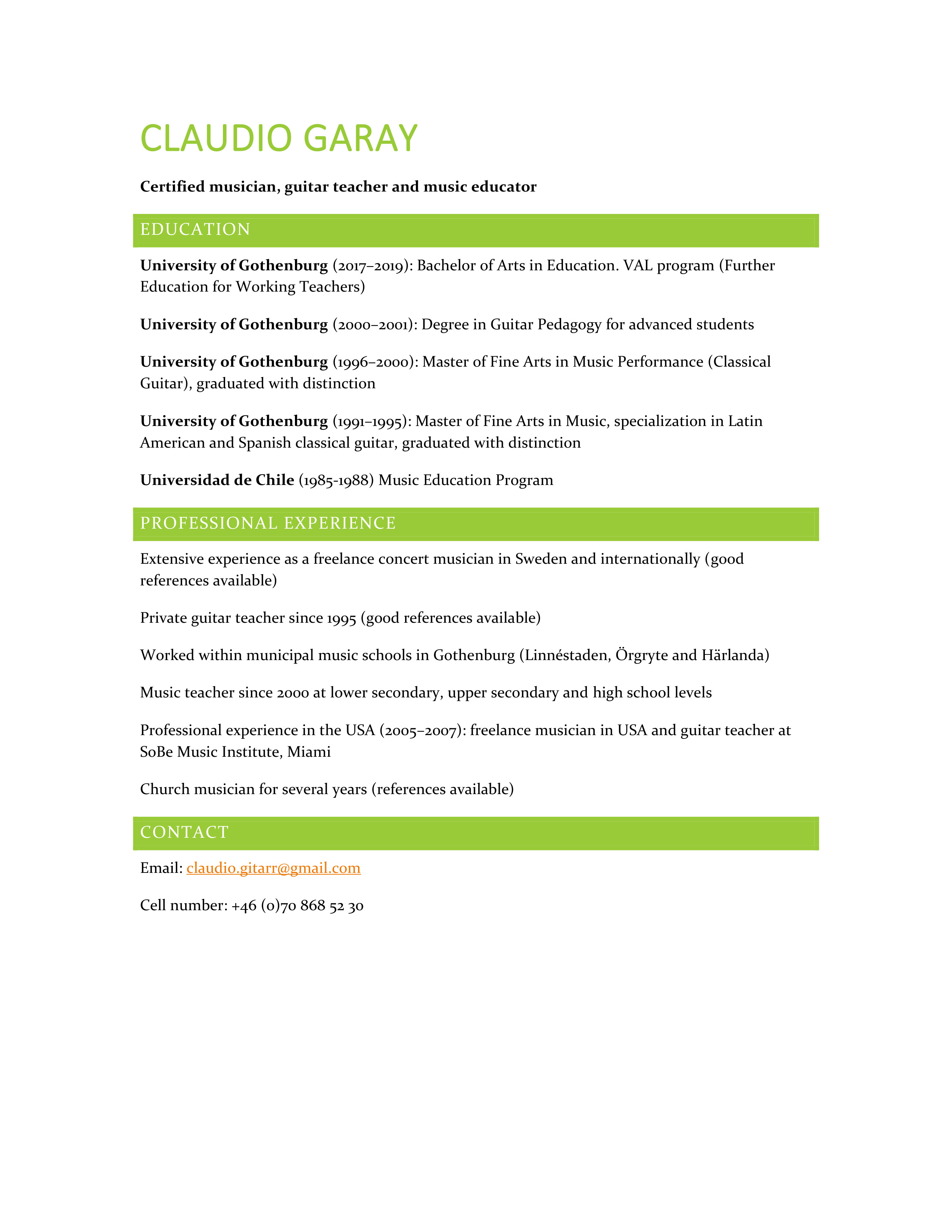 Brief CV of Claudio Garay